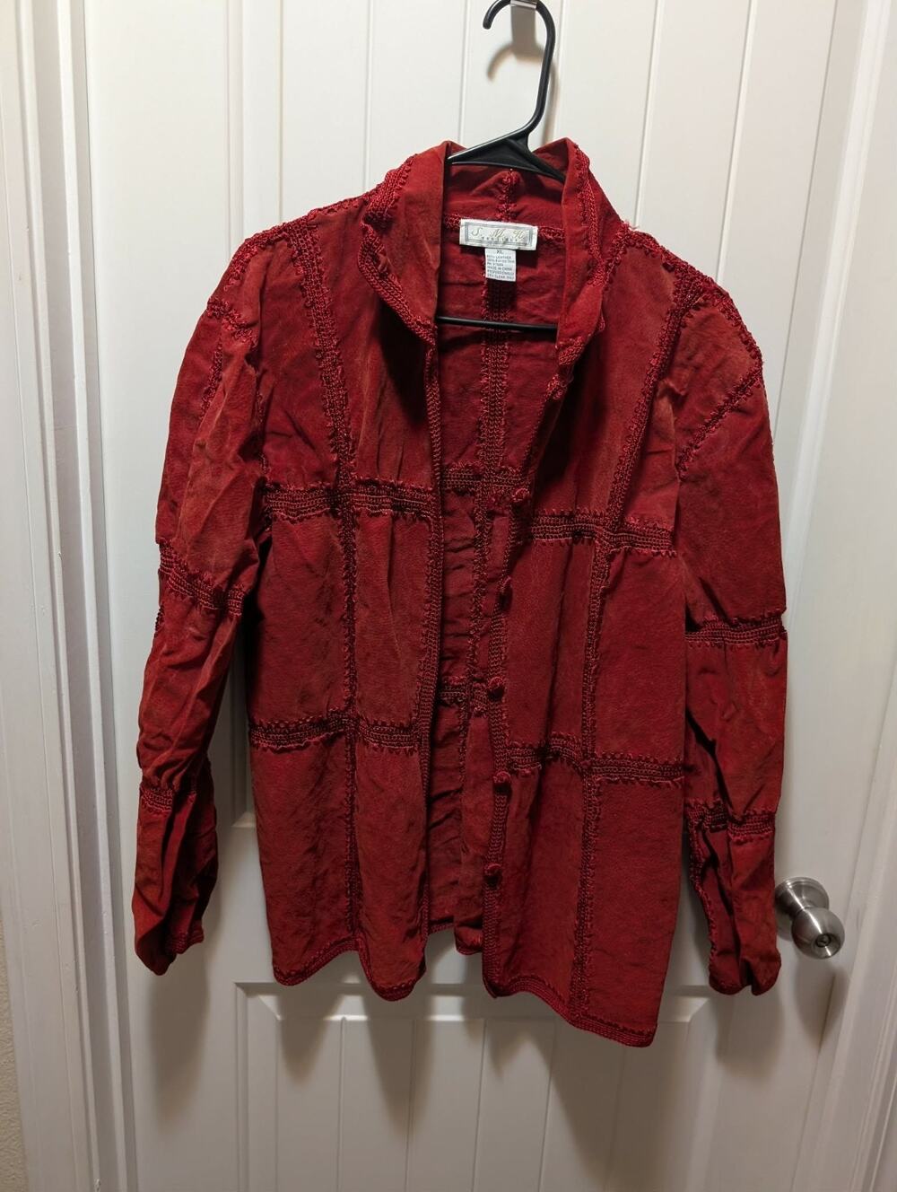 SMH BOUTIQUE S.M.H. RED SUEDE LEATHER KNIT & CROCHET TRIM JACKET SIZE XL